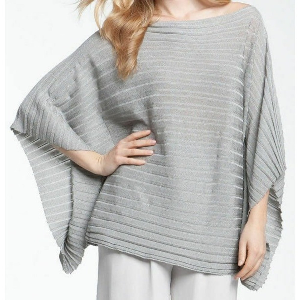 Lafayette 148 New York Silver Metallic Striped Poncho Knit Sweater Top Size‎ S